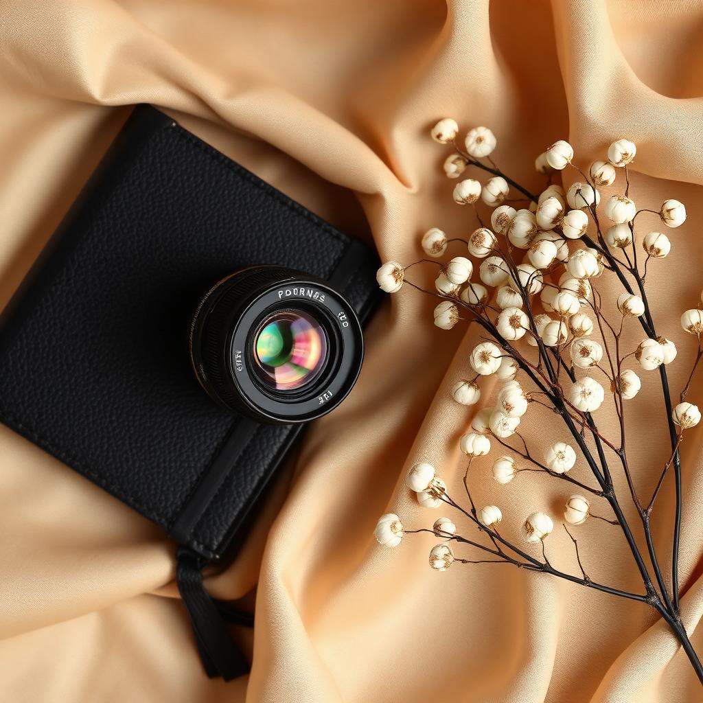 Vintage camera and journal on silk
